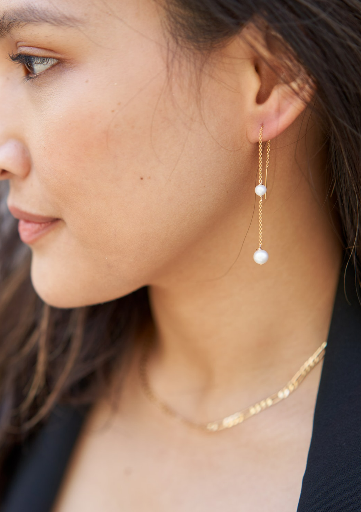 Double Pearl Threader Earrings ERIJEWELRY