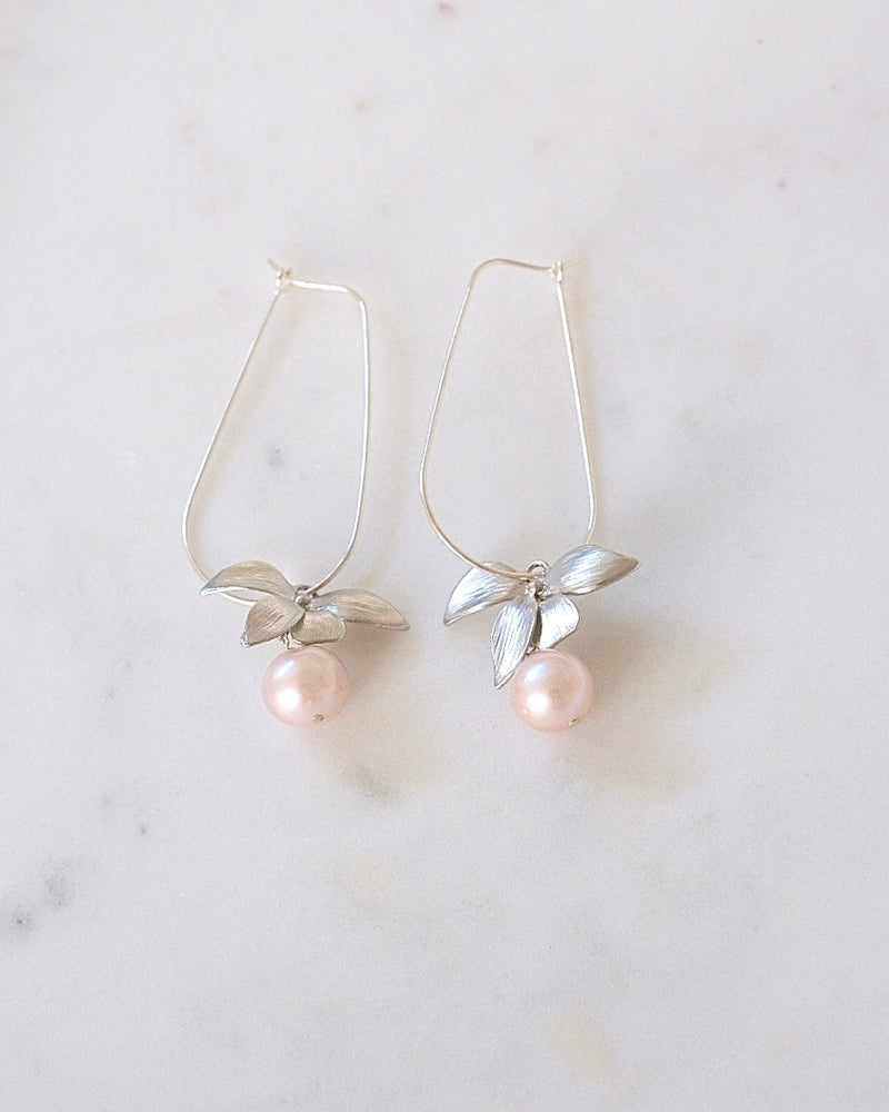 Floral Pearl U Hoop Earrings (Silver)