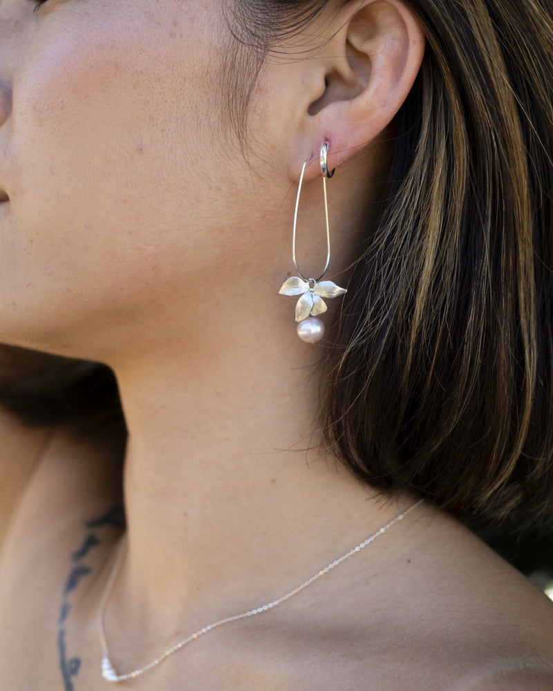 Floral Pearl U Hoop Earrings (Silver)
